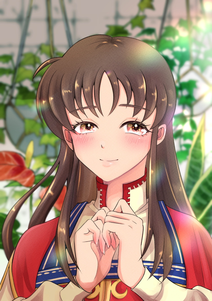 1girl absurdres bangs brown_eyes brown_hair hands_up highres huyumi77 long_hair looking_at_viewer plant seijo_no_maryoku_wa_bannou_desu smile takanashi_sei upper_body