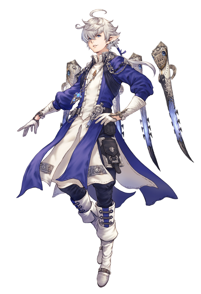 1boy absurdres ahoge alphinaud_leveilleur bangs belt belt_pouch black_pants blue_coat blue_eyes blue_ribbon boots chain coat coattails collared_shirt earclip earrings elezen elf final_fantasy final_fantasy_xiv full_body gloves hair_ribbon hand_on_hip highres jewelry knee_boots long_hair long_sleeves looking_up makimura_shunsuke male_focus necklace pants parted_lips pointy_ears ponytail pouch ribbon sage_(final_fantasy) shirt simple_background smile solo standing white_background white_footwear white_gloves