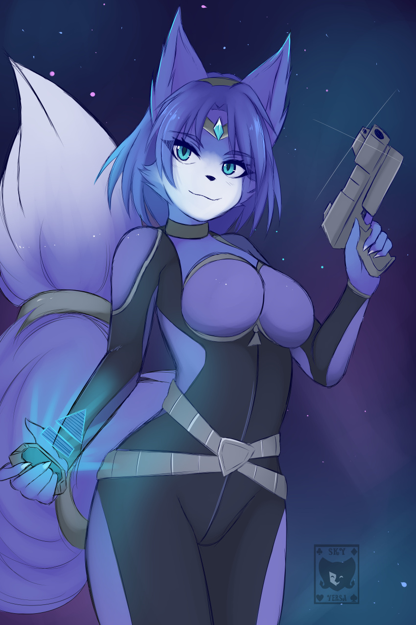 2:3 5_fingers absurd_res anthro black_clothing black_nose blue_body blue_ears blue_eyebrows blue_eyes blue_fingers blue_fur blue_hair breasts canid canine clothed clothing eyebrows female fingers fox fully_clothed fur gun hair hi_res holding_gun holding_object holding_weapon iris krystal mammal nintendo pupils ranged_weapon skyversa solo star_fox video_games weapon