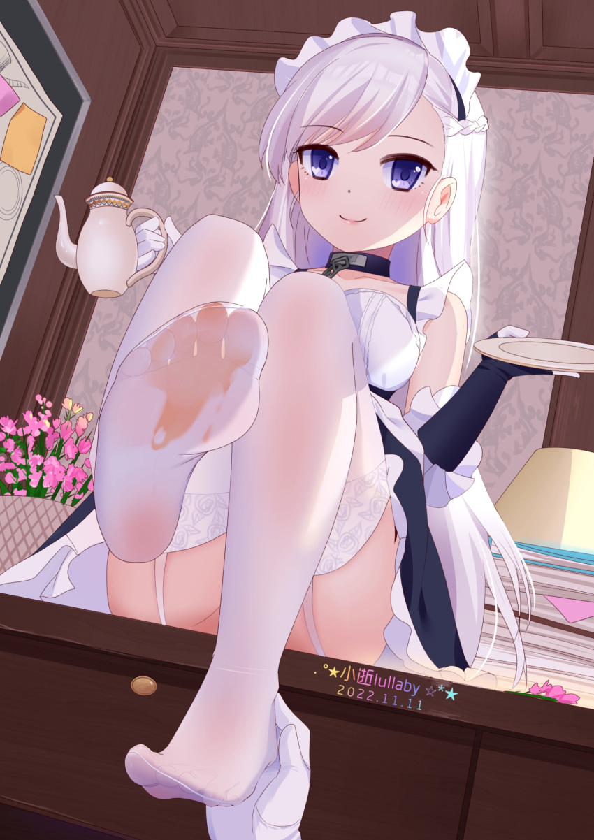 1girl aged_down apron azur_lane bangs belfast_(azur_lane) blush braid chain collar collarbone commander_(azur_lane) dress feet foot_focus french_braid frills gloves highres holding_another's_foot little_bel_(azur_lane) long_hair looking_at_viewer maid maid_headdress no_shoes purple_eyes smile soles thighhighs white_gloves white_hair white_thighhighs xiao_shi_lullaby