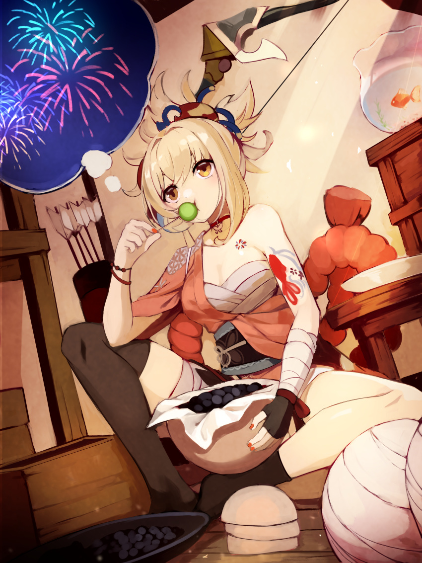 1girl absurdres aerial_fireworks arm_tattoo arrow_(projectile) bangs basket black_gloves black_socks black_thighhighs blonde_hair bow breasts brown_eyes choker cleavage commentary_request dango eating fingerless_gloves fireworks fish fish_boy food genshin_impact gloves goldfish hadanugi_dousa hair_between_eyes highres holding holding_food indoors japanese_clothes kimono medium_breasts nail_polish no_shoes obi off_shoulder orange_kimono quiver red_choker red_nails sarashi sash single_glove single_sock single_thighhigh socks solo spread_legs sue_(bg-bros) tattoo thighhighs wagashi water yoimiya_(genshin_impact)