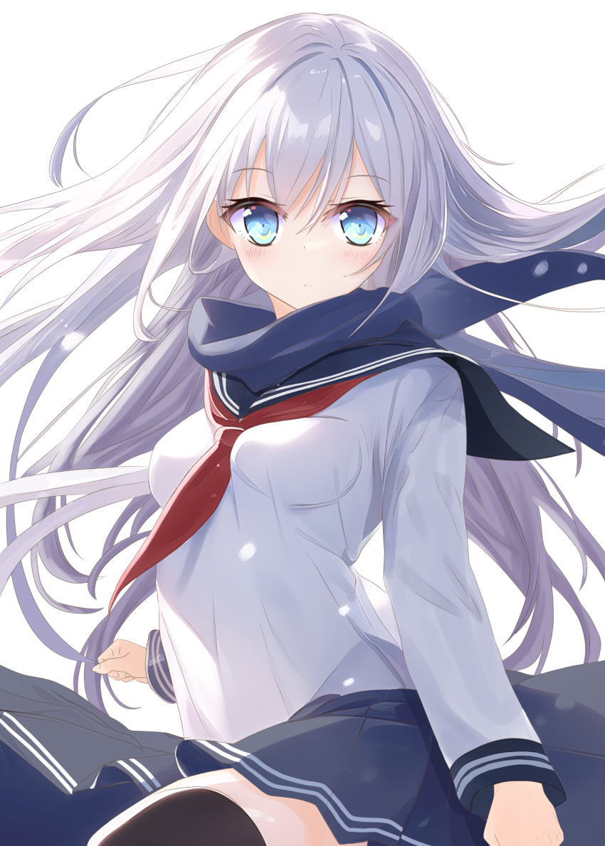 aruka_(alka_p1) black_sailor_collar black_skirt black_thighhighs blue_eyes blue_scarf breasts commentary_request hibiki_(kancolle) highres kantai_collection neckerchief pleated_skirt red_neckerchief sailor_collar scarf school_uniform serafuku simple_background skirt small_breasts thighhighs white_background white_hair