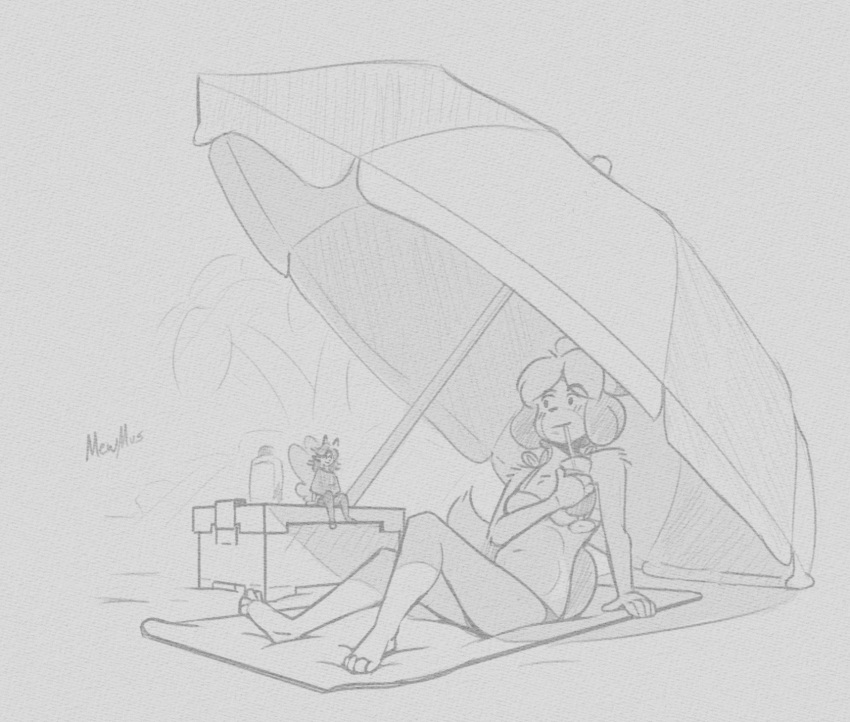 2022 animal_crossing anthro barefoot beverage bikini bikini_top blush canid canine canis clothing digital_media_(artwork) domestic_dog duo fairy feet female hi_res holding_beverage holding_object humanoid isabelle_(animal_crossing) mammal mewmus monochrome nintendo on_towel parasol rose_pantilion sitting smile swimwear towel video_games