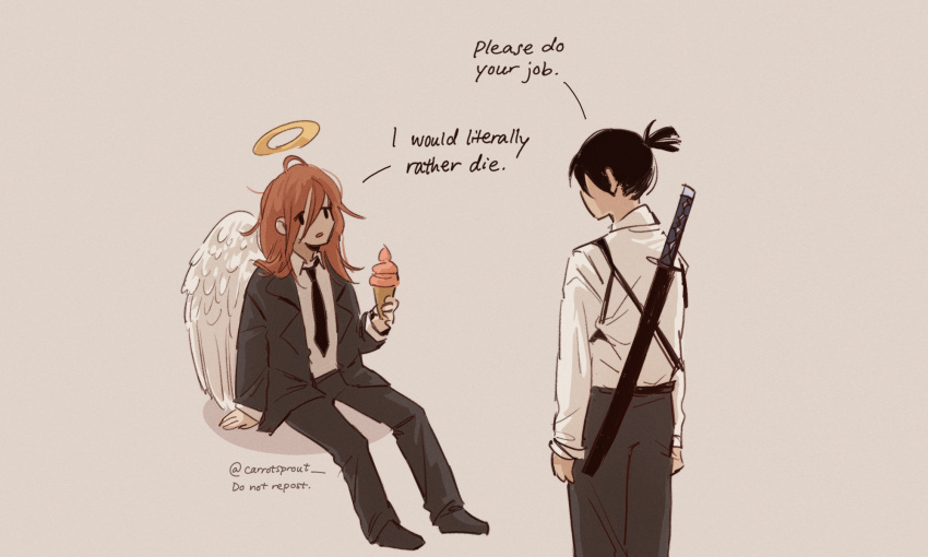 2boys angel_devil_(chainsaw_man) angel_wings black_hair black_jacket black_necktie black_pants brown_hair carrotsprout chainsaw_man collared_shirt food grey_background hair_between_eyes halo hayakawa_aki highres holding_ice_cream ice_cream ice_cream_cone invisible_chair jacket katana long_hair looking_at_another multiple_boys necktie open_mouth pants shirt short_hair simple_background sitting sling solid_circle_eyes sword topknot twitter_username weapon weapon_on_back white_shirt white_wings wings