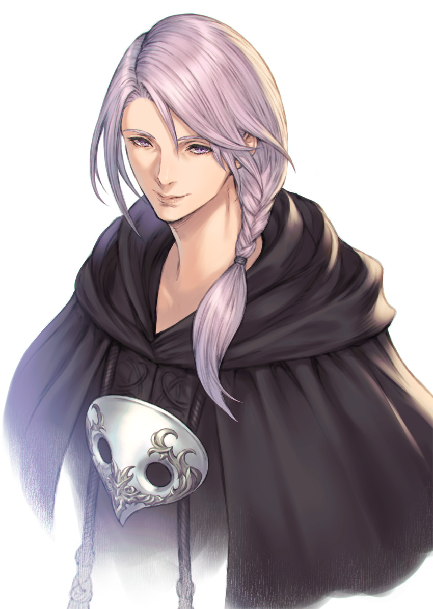 1boy black_robe braid cropped_torso final_fantasy final_fantasy_xiv hair_over_shoulder highres hooded_robe hythlodaeus long_hair makimura_shunsuke male_focus mask mask_around_neck mask_removed pink_eyes pink_hair robe solo upper_body