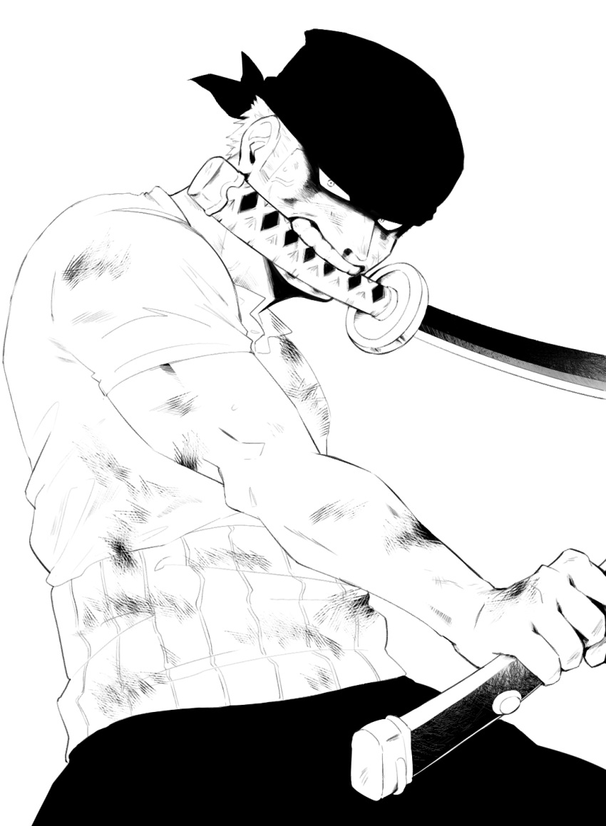 1boy bandana blood blood_on_face bruise dual_wielding feet_out_of_frame fighting_stance green_hair greyscale highres holding injury looking_at_viewer male_focus monochrome mouth_hold one_piece roronoa_zoro scar scar_across_eye short_hair solo toned toned_male udon_oneday