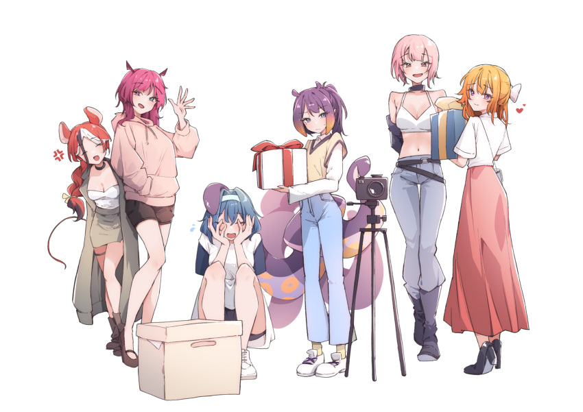6+girls absurdres airenif anger_vein black_boots black_hair black_shoes black_shorts blue_eyes blue_hair blue_pants boots box braid braided_ponytail camera character_request closed_eyes coat crop_top facing_viewer full_body gift gift_box green_eyes grey_pants hair_intakes hakos_baelz hand_in_pocket heart highres holding holding_gift hololive hololive_english hood hood_down hoodie irys_(hololive) long_hair long_skirt long_sleeves looking_at_viewer multicolored_hair multiple_girls navel ninomae_ina'nis open_clothes open_coat orange_hair pants pencil_skirt pink_eyes pink_hoodie purple_eyes purple_hair red_hair red_skirt shirt shoes short_hair short_sleeves shorts simple_background skirt smile squatting streaked_hair tentacle_hair virtual_youtuber white_background white_hair white_shirt white_shoes