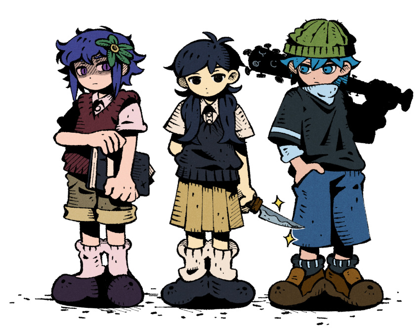 1girl 2boys 9twoeight aubrey_(omori) basil_(omori) black_eyes black_hair blue_eyes blue_hair book full_body genderswap genderswap_(ftm) genderswap_(mtf) highres knife looking_at_another messy_hair multiple_boys omori prototype purple_eyes purple_hair shaded_face shoes short_sleeves shorts simple_background skirt sneakers socks spiked_bat sunny_(omori) sweater_vest twintails white_background
