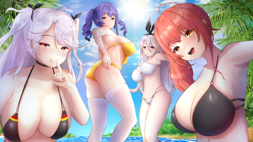 4girls absurdres alternate_costume ass azur_lane bikini black_bikini black_choker black_ribbon breasts choker day finger_to_mouth flag_print german_flag german_flag_bikini highres large_breasts light_purple_hair long_hair looking_at_viewer mole mole_on_breast multi-strapped_bikini multiple_girls o-ring o-ring_bikini official_alternate_costume open_mouth orange_eyes outdoors pola_(azur_lane) pola_(seaside_coincidence)_(azur_lane) prinz_eugen_(azur_lane) prinz_eugen_(unfading_smile)_(azur_lane) prinz_heinrich_(azur_lane) purple_hair red_hair ribbon skindentation summer swimsuit thighhighs twintails upper_body vendedor_de_awa white_bikini white_hair white_thighhighs yellow_bikini yellow_eyes zara_(poolside_coincidence)_(azur_lane)