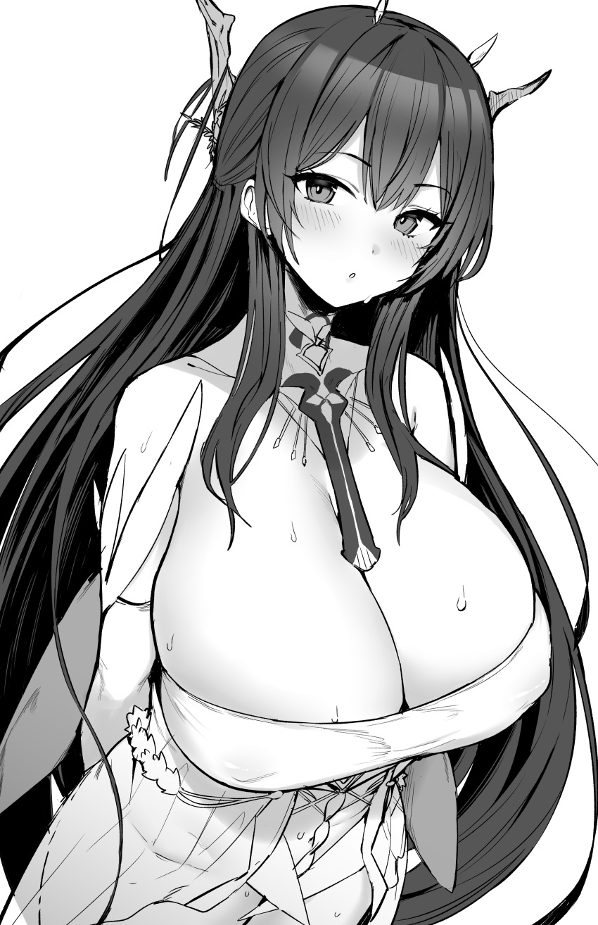 1girl absurdres azur_lane bangs blush breasts covered_nipples cowboy_shot dress elbow_gloves gloves greyscale highres hotate-chan indomitable_(azur_lane) long_hair looking_at_viewer monochrome no_bra parted_lips sidelocks simple_background skindentation solo sweat very_long_hair