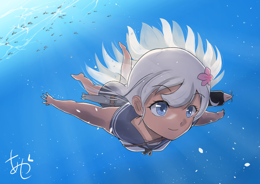 1girl air_bubble akashieru blue_one-piece_swimsuit bracelet bubble covered_navel crop_top day fish flower freediving hair_flower hair_ornament highres holding_breath jewelry kantai_collection light_rays ocean old_school_swimsuit one-piece_swimsuit outdoors reflection ro-500_(kancolle) sailor_collar school_swimsuit signature submerged swimming swimsuit swimsuit_under_clothes torpedo underwater water