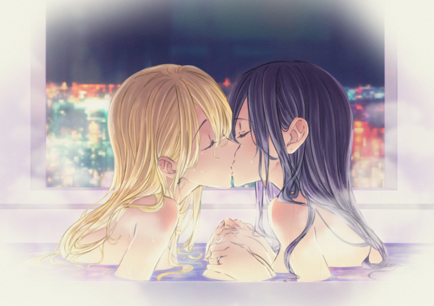 2girls aihara_mei aihara_yuzu bath bathing bathroom bathtub black_hair blonde_hair blush breasts citrus_(saburouta) closed_eyes ear_blush french_kiss glidesloe highres holding_hands jewelry kiss long_hair multiple_girls nude partially_immersed partially_submerged ring shared_bathing shoulder_blush steam step-siblings underwater water wedding_ring wet wet_hair wife_and_wife yuri