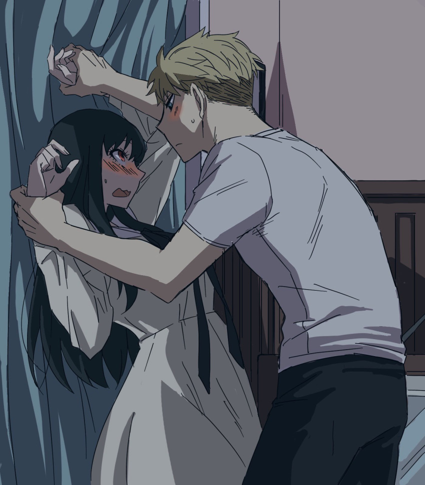 1boy 1girl arms_up ayamame bangs black_hair blonde_hair blue_eyes blush eye_contact highres husband_and_wife long_hair looking_at_another nightgown pants parted_lips pinned red_eyes shirt short_hair spy_x_family t-shirt twilight_(spy_x_family) yor_briar