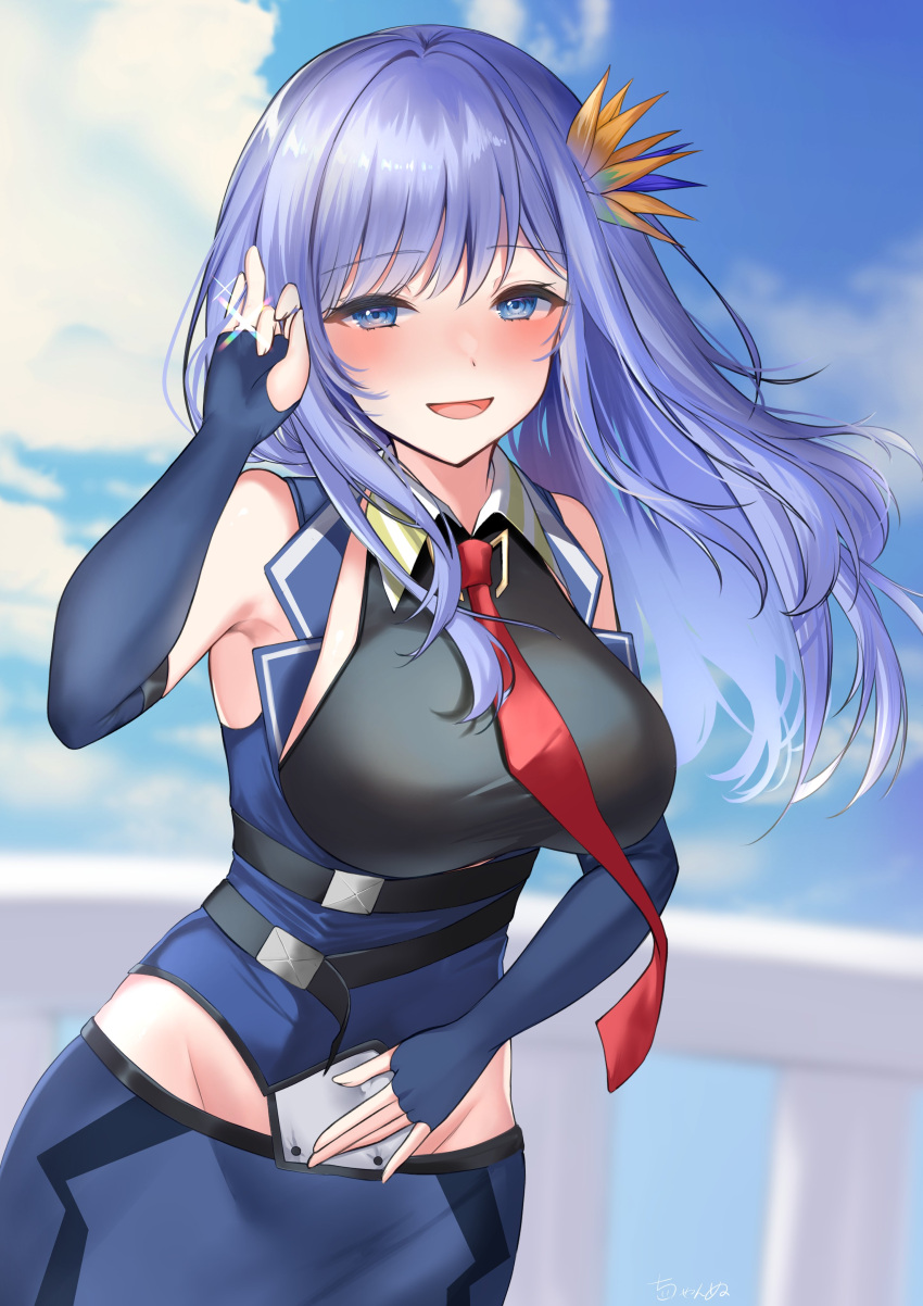 1girl absurdres azur_lane bird_of_paradise_flower blue_eyes blue_hair blush breasts chan'nu clothing_cutout commentary_request fingerless_gloves flower gloves hair_flower hair_ornament highres jewelry large_breasts long_hair necktie open_mouth red_necktie ring shirt sleeveless sleeveless_shirt smile ticonderoga_(azur_lane) wedding_ring