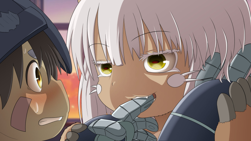 1boy 1other absurdres androgynous bangs biting brown_hair chainsaw_man commentary dark_skin english_commentary facial_mark finger_biting furry helmet highres horizontal_pupils looking_at_another made_in_abyss mechanical_arms nanachi_(made_in_abyss) pointy_ears regu_(made_in_abyss) scene_reference smugbuns sweatdrop whiskers white_hair yellow_eyes