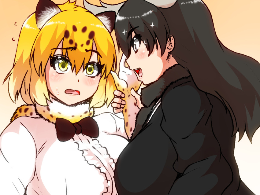 2girls animal_ears antlers arm_grab bangs black_hair blonde_hair blush bow bowtie breasts brown_hair center_frills commentary_request elbow_gloves eye_contact flying_sweatdrops frills fur_scarf furrowed_brow gloves hair_between_eyes hands_up holding_another's_wrist isna_(footprintsofisna) jaguar_(kemono_friends) jaguar_ears jaguar_print kemono_friends large_breasts long_hair long_sleeves looking_at_another medium_hair moose_(kemono_friends) multicolored_hair multiple_girls nervous open_mouth parted_bangs print_gloves scarf shirt smile sparkle sweater upper_body yellow_eyes
