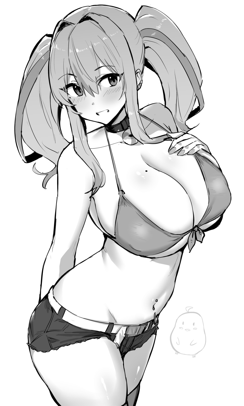 1girl absurdres arm_behind_back azur_lane bangs bare_shoulders bikini blush breasts bremerton_(azur_lane) cleavage collar collarbone cowboy_shot cutoffs ear_piercing front-tie_bikini_top front-tie_top greyscale grin groin hair_between_eyes hair_intakes hand_on_own_chest highres hotate-chan large_breasts lifebuoy_ornament long_hair looking_at_viewer manjuu_(azur_lane) mole mole_on_breast mole_under_eye monochrome multicolored_hair nail_polish navel navel_piercing piercing short_shorts shorts sidelocks simple_background skindentation smile solo_focus standing stomach streaked_hair swimsuit teeth thighhighs twintails two-tone_hair white_background