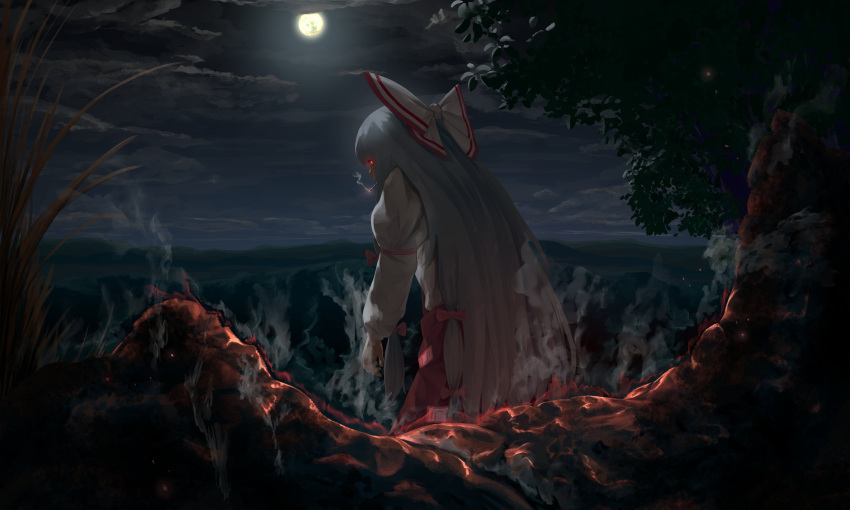 1girl absurdres bow cigarette cloud commentary fire forest fujiwara_no_mokou glowing glowing_eyes grey_hair hair_bow highres kiyonetto long_hair long_sleeves looking_at_viewer moon nature night night_sky outdoors pants red_bow red_eyes red_pants scorch_mark shirt sideways_glance sky smoke smoking solo touhou very_long_hair white_bow white_shirt