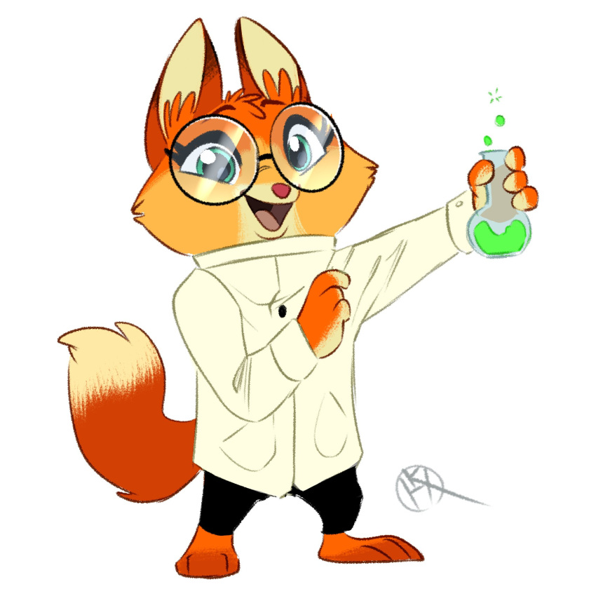 1:1 2018 anthro barefoot biped black_bottomwear black_clothing black_pants bottomwear canid canine clothing coat collar digital_drawing_(artwork) digital_media_(artwork) dipstick_tail dr._fox eyelashes feet female fox fur green_eyes hi_res holding_object krossan_(artist) lab_coat lego looking_at_viewer mammal markings multicolored_body multicolored_fur open_mouth open_smile orange_body orange_fur pants paws potion red_nose scientist signature simple_background smile solo standing tail_markings the_lego_movie topwear unikitty! white_background