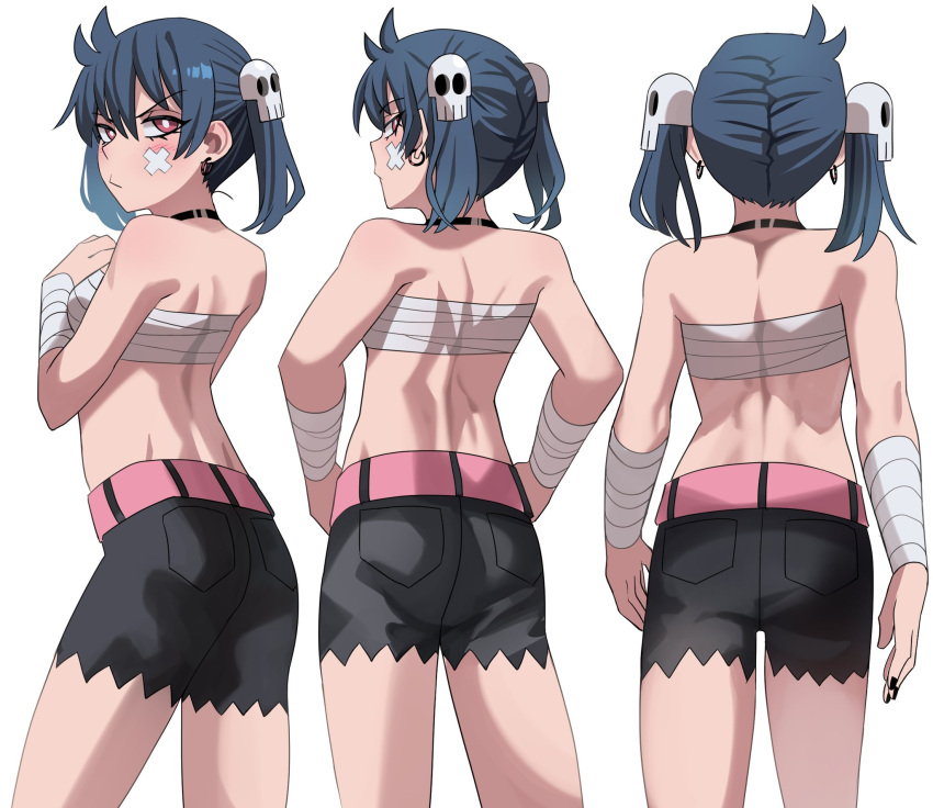 1girl ass bandaged_arm bandages bare_shoulders belt black_choker black_nails black_shorts blue_hair breasts choker earrings hair_ornament hand_up highres jewelry jourd4n multiple_views nail_polish original pink_belt sarashi short_shorts shorts simple_background skull_hair_ornament small_breasts standing twintails white_background