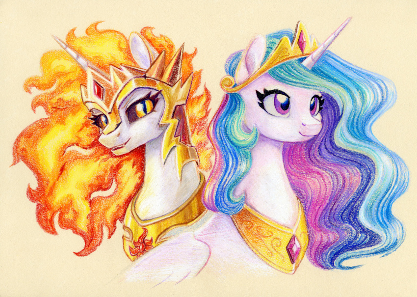 2022 armor bust_portrait colored_pencil_(artwork) crown dark_sclera daybreaker_(mlp) duality duo equid equine eyelashes female feral fire flaming_hair flaming_mane friendship_is_magic fur hair hasbro headgear helmet hi_res horn horse looking_at_viewer mammal maytee multicolored_hair my_little_pony orange_eyes pony portrait princess_celestia_(mlp) pseudo_hair pseudo_mane pupils purple_eyes simple_background slit_pupils smile square_crossover tan_background three-quarter_view traditional_media_(artwork) white_body white_fur winged_unicorn wings