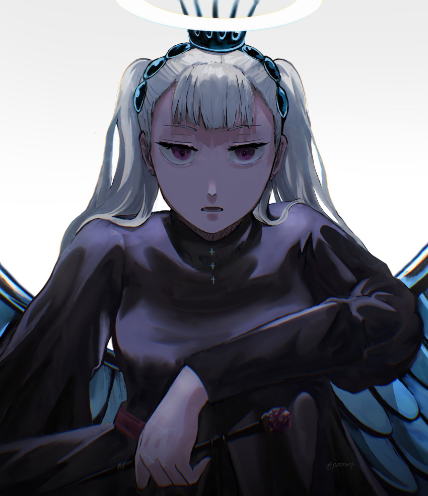 1girl black_clover black_robe crown feathered_wings grey_hair halo highres holding holding_wand looking_at_viewer noelle_silva poonwip purple_eyes robe solo twintails twitter_username wand water_wings white_background wings
