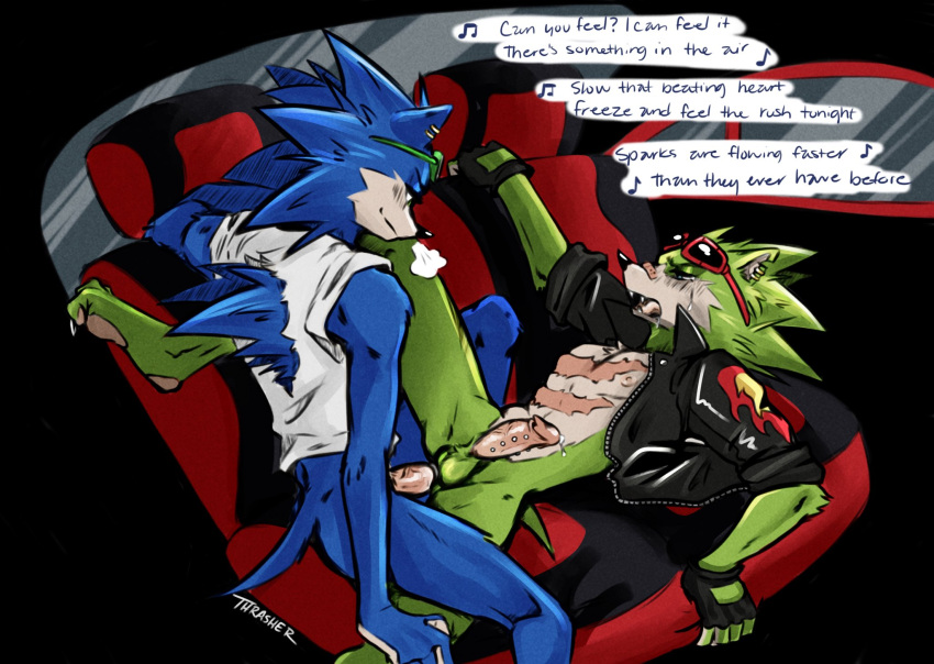 anal anthro archie_comics balls bodily_fluids bottomless car clothed clothing duo genital_fluids genital_piercing genitals hi_res inside_car male male/male penis penis_piercing piercing precum scourge_the_hedgehog sega sonic_the_hedgehog sonic_the_hedgehog_(archie) sonic_the_hedgehog_(comics) sonic_the_hedgehog_(series) thrasherscourge vehicle