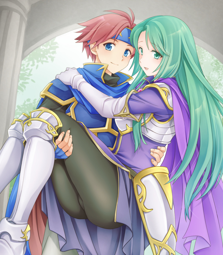 1boy 1girl age_difference armor armored_boots armored_dress ass black_pantyhose blue_armor blue_cape blue_eyes blue_gloves blue_headband boots breastplate cape carrying carrying_person cecilia_(fire_emblem) closed_mouth commentary_request dress elbow_gloves fingerless_gloves fire_emblem fire_emblem:_the_binding_blade gloves gold_trim green_eyes green_hair ham_pon hand_on_another's_shoulder headband highres long_hair looking_at_viewer open_mouth pantyhose princess_carry purple_cape purple_dress red_cape red_hair roy_(fire_emblem) short_hair shoulder_armor smile two-tone_cape white_armor white_footwear white_gloves