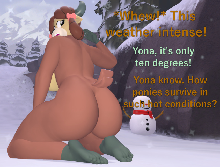 3d_(artwork) anthro anthrofied big_butt bovid bovine breasts butt dialogue digital_media_(artwork) hasbro kneeling mammal my_little_pony nude papadragon69 snow snowman solo yak yona_yak_(mlp)