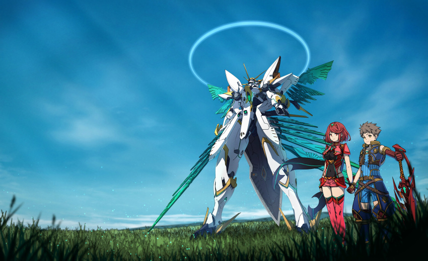 absurdres aegis_sword_(xenoblade) bangs black_gloves breasts chest_jewel earrings fingerless_gloves gem gloves headpiece highres jewelry large_breasts mecha poteto_(potetosarada123) pyra_(xenoblade) red_eyes red_hair red_shorts rex_(xenoblade) robot short_hair short_shorts shorts swept_bangs sword thighhighs tiara weapon xenoblade_chronicles_(series) xenoblade_chronicles_2