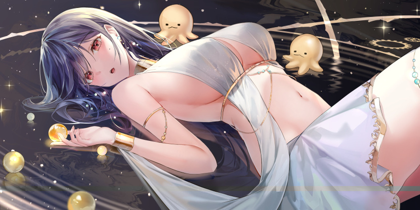 1girl :o absurdres armlet bare_shoulders black_hair bracelet breasts highres jewelry large_breasts lillly long_hair looking_at_viewer lying mole navel neck_ring on_back open_mouth original red_eyes revealing_clothes revision sideboob skirt solo stomach thighlet water white_skirt