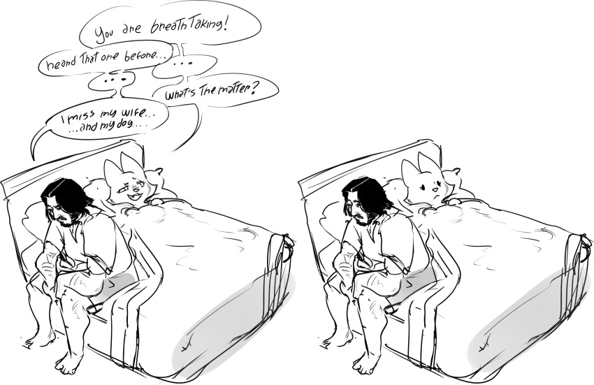 2022 absurd_res anthro bed biped canid canine dialogue diane_foxington digital_media_(artwork) dreamworks english_text fox furniture hi_res human john_wick_(character) mammal noctoc simple_background sketch speech_bubble text the_bad_guys white_background