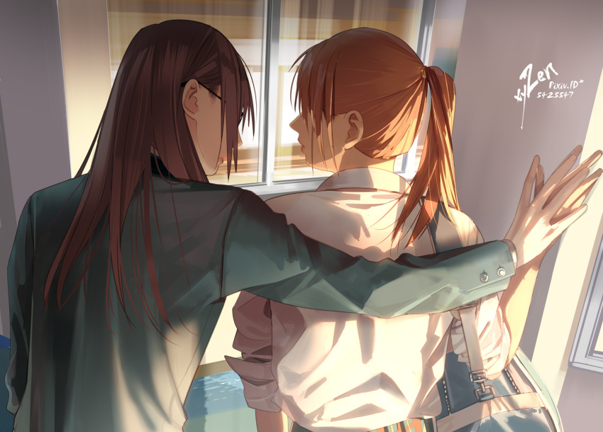 2girls artist_name bag bangs blazer blue_bag blue_jacket brown_hair carrying_bag day from_behind glasses hair_behind_ear indoors jacket long_hair long_sleeves looking_at_another multiple_girls orange_hair pixiv_id ponytail scenery school school_bag school_uniform shirt sleeves_rolled_up sunlight watermark white_shirt window zxlai