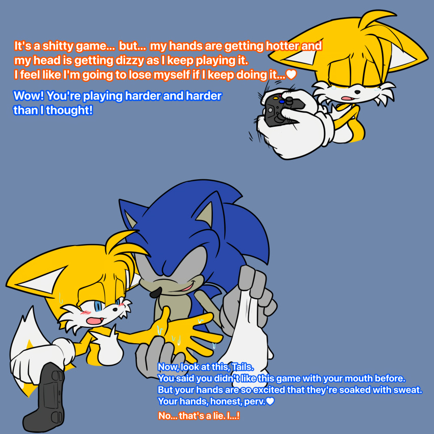 1:1 anthro black_nose blue_body blue_eyes blue_fur blush bodily_fluids canid canine clothing controller duo english_text eulipotyphlan fixstern_star fox fur game_controller gloves handwear head_tuft hedgehog hi_res male mammal miles_prower narrowed_eyes open_mouth orange_body orange_fur sega simple_background sonic_the_hedgehog sonic_the_hedgehog_(series) sweat text tuft