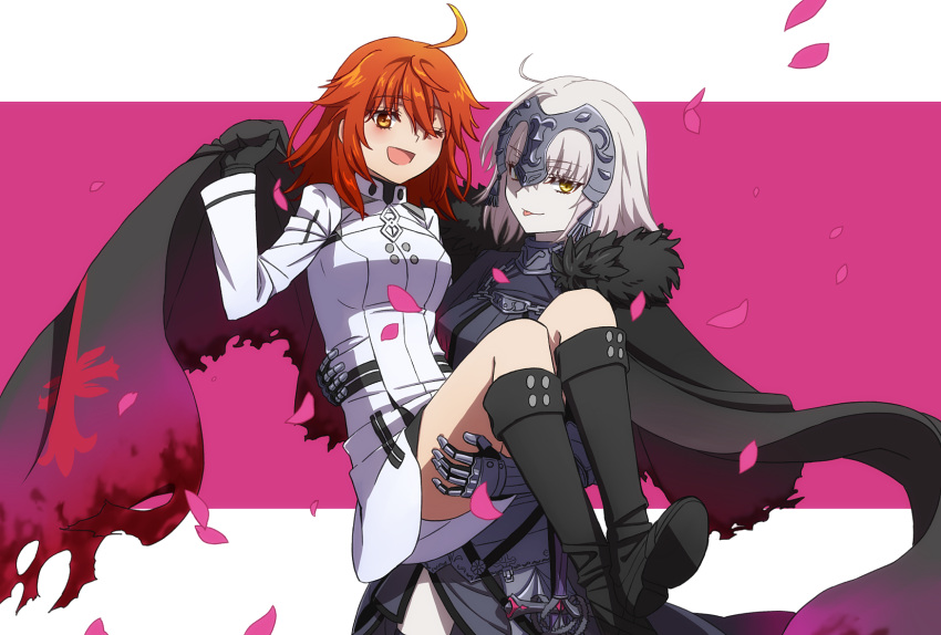 2girls ahoge armor armored_dress bangs blush breasts cape carrying fate/grand_order fate_(series) fujimaru_ritsuka_(female) fujimaru_ritsuka_(female)_(decisive_battle_chaldea_uniform) fur-trimmed_cape fur_trim gloves grey_hair highres jeanne_d'arc_alter_(avenger)_(fate) jeanne_d'arc_alter_(fate) large_breasts long_sleeves looking_at_viewer medium_breasts multiple_girls oiun open_mouth orange_eyes orange_hair princess_carry short_hair smile yellow_eyes