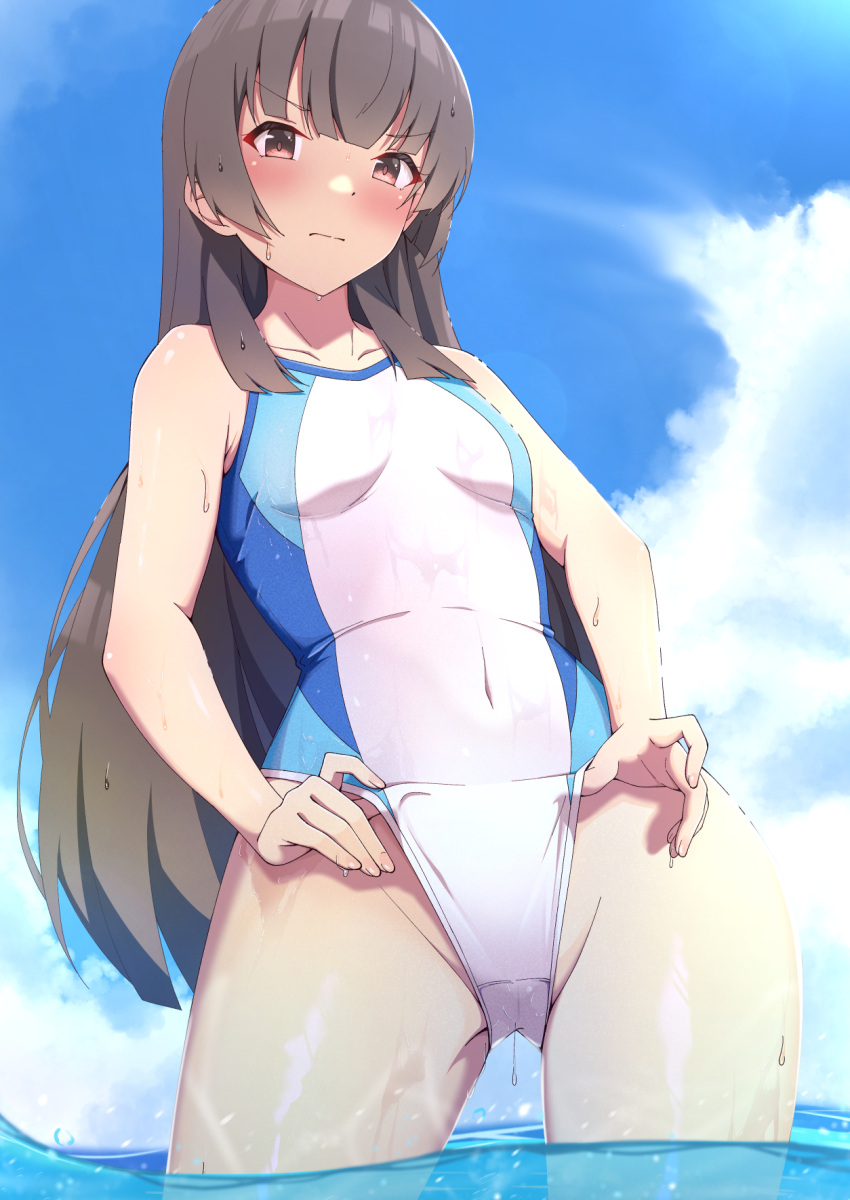 1girl bangs blunt_bangs blush breasts brown_eyes brown_hair collarbone competition_swimsuit covered_navel fingernails groin highres juujou_hiyori long_hair motsutoko one-piece_swimsuit outdoors skin_tight small_breasts solo sunlight swimsuit thighs toji_no_miko very_long_hair wading water wet