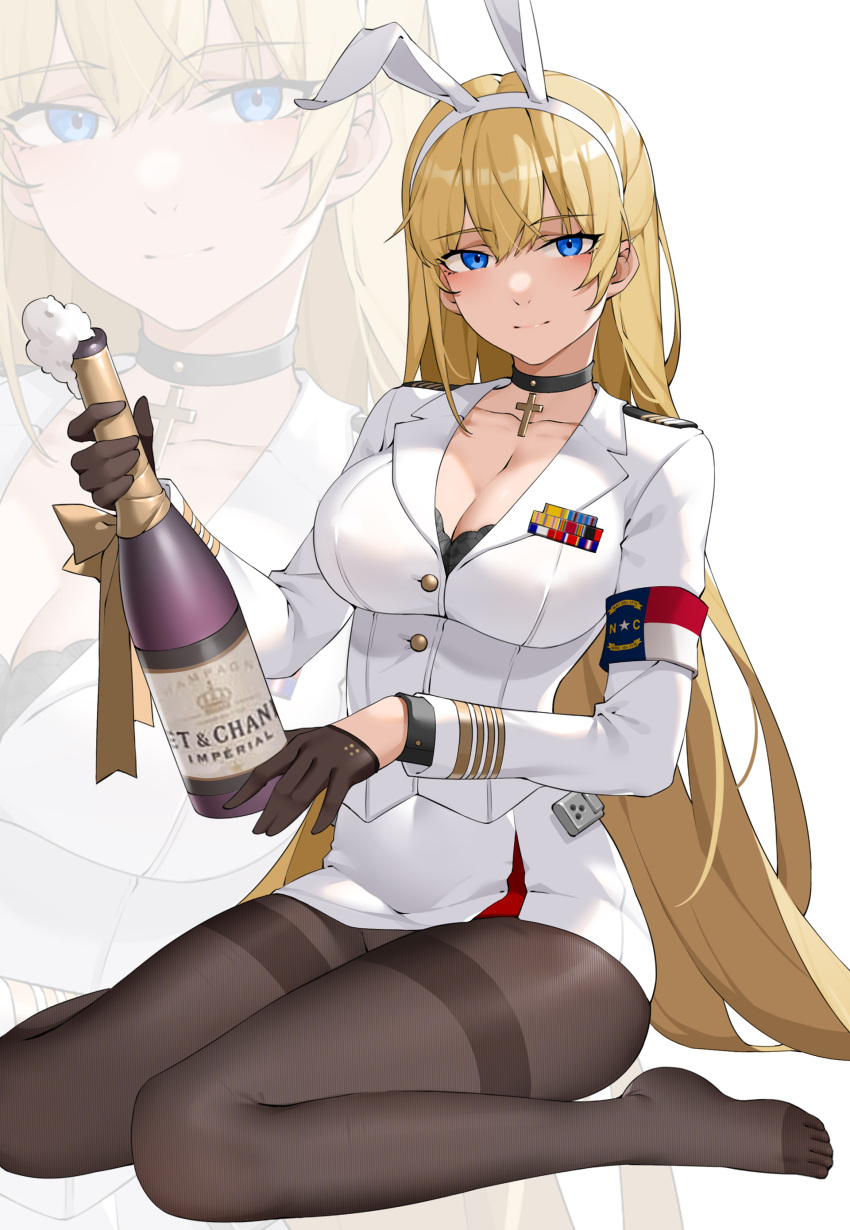 1girl absurdres alcohol animal_ears armband azur_lane black_pantyhose blonde_hair blue_eyes bottle breasts champagne champagne_bottle choker cleavage cross cross_choker epaulettes fake_animal_ears full_body gloves half_gloves highres holding holding_bottle large_breasts military military_uniform no_shoes north_carolina_(azur_lane) pantyhose rabbit_ears sitting uniform wariza wsfw