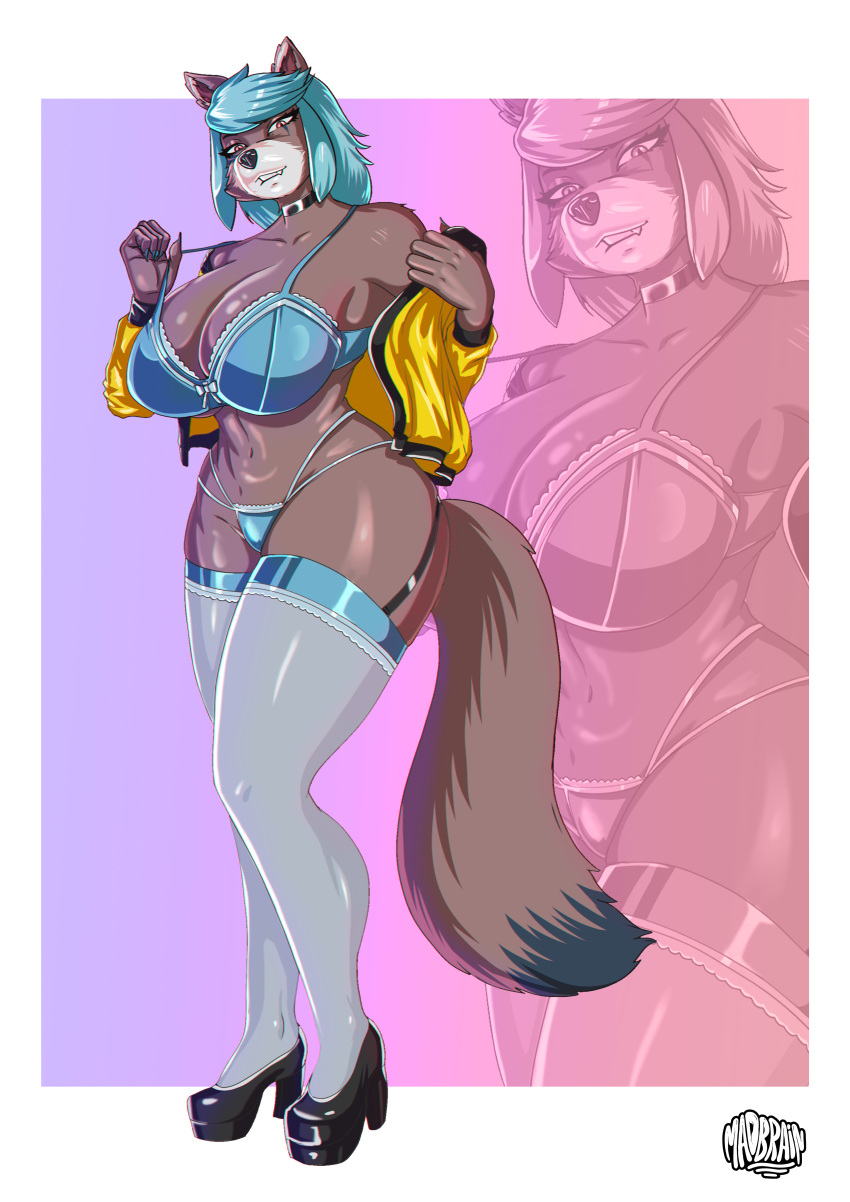 absurd_res anthro big_breasts blue_hair breasts canid canine clothed clothing fan_character female footwear fox garter_belt garter_straps hair hi_res high_heels huge_breasts legwear lingerie long_tail looking_at_viewer madbrainarts mammal open_clothing solo thick_thighs underwear