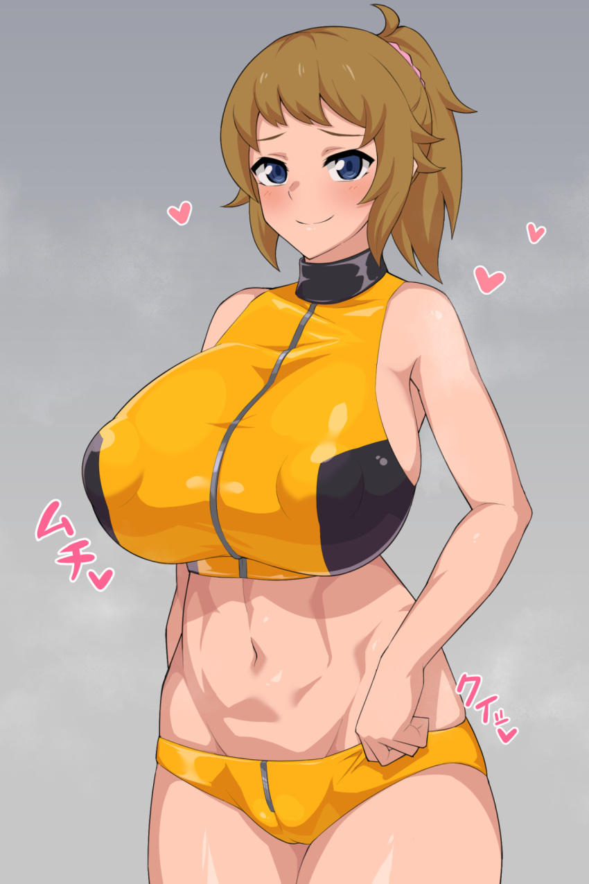 1girl adjusting_clothes adjusting_swimsuit breasts covered_nipples gundam gundam_build_fighters gundam_build_fighters_try hair_ornament hair_scrunchie heart highres hoshino_fumina huge_breasts huge_nipples lancer24 large_breasts midriff navel orange_hair ponytail scrunchie sound_effects sports_bikini swimsuit toned