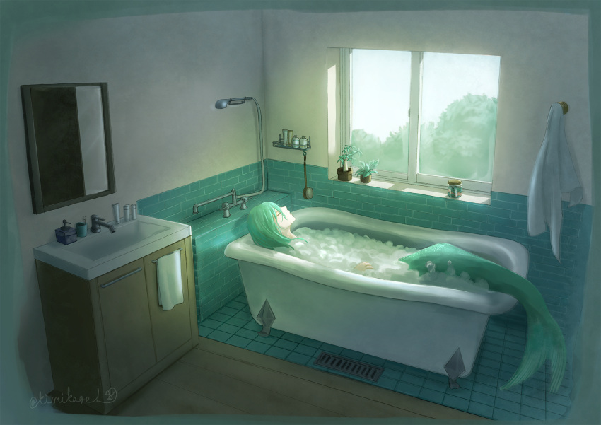 1girl artist_name bath bathing bathroom bathtub closed_eyes commentary_request green_hair highres indoors kimikage_l long_hair mermaid mirror monster_girl original scales shower_head sink soap_bubbles solo towel towel_rack twitter_username watermark window