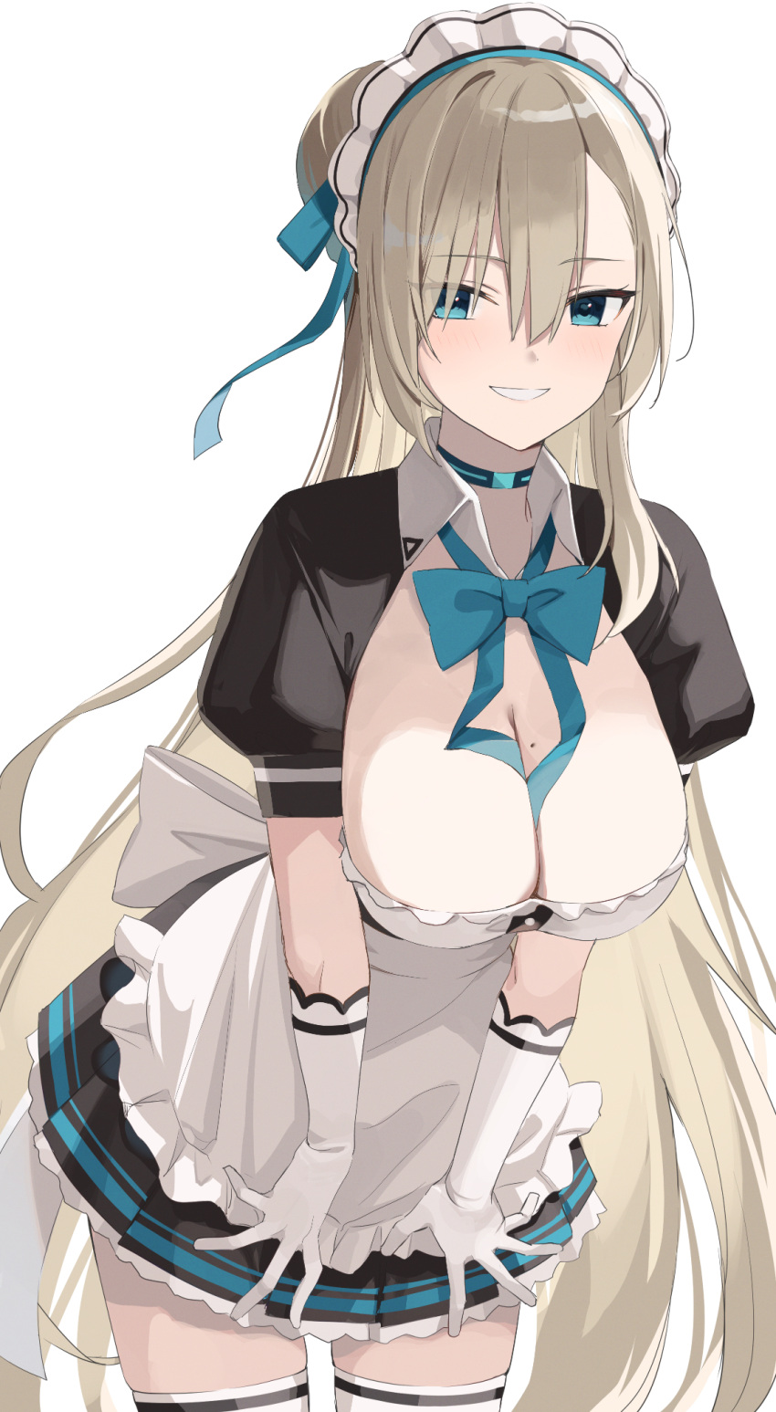 1girl apron asuna_(blue_archive) bangs black_dress blue_archive blue_eyes blue_ribbon blush breasts choker cleavage dress elbow_gloves gloves grin hair_over_one_eye hair_ribbon highres large_breasts light_brown_hair long_hair looking_at_viewer maid_headdress mole mole_on_breast neck_ribbon ponytail puffy_short_sleeves puffy_sleeves ribbon short_sleeves smile solo thighhighs thighs very_long_hair white_apron white_gloves white_thighhighs yuzu-aki