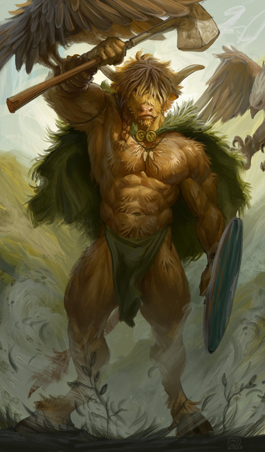 abs absurd_res accipitrid accipitriform anthro avian axe bird black_loincloth blonde_hair bottomwear bovid bovine braided_hair braided_ponytail brown_body brown_fur cape cattle clothed clothing dust_cloud eagle feral fighting_pose fur grass green_cape hair hair_over_eye hi_res hooves jerome_jacinto jewelry loincloth looking_at_viewer male mammal melee_weapon muscular muscular_anthro muscular_legs muscular_male muscular_thighs necklace one_eye_obstructed pecs plant portrait pose shield sky solo_focus standing tooth_necklace topless topless_anthro topless_male vort_(jerome_jacinto) weapon wind wooden_shield wristband