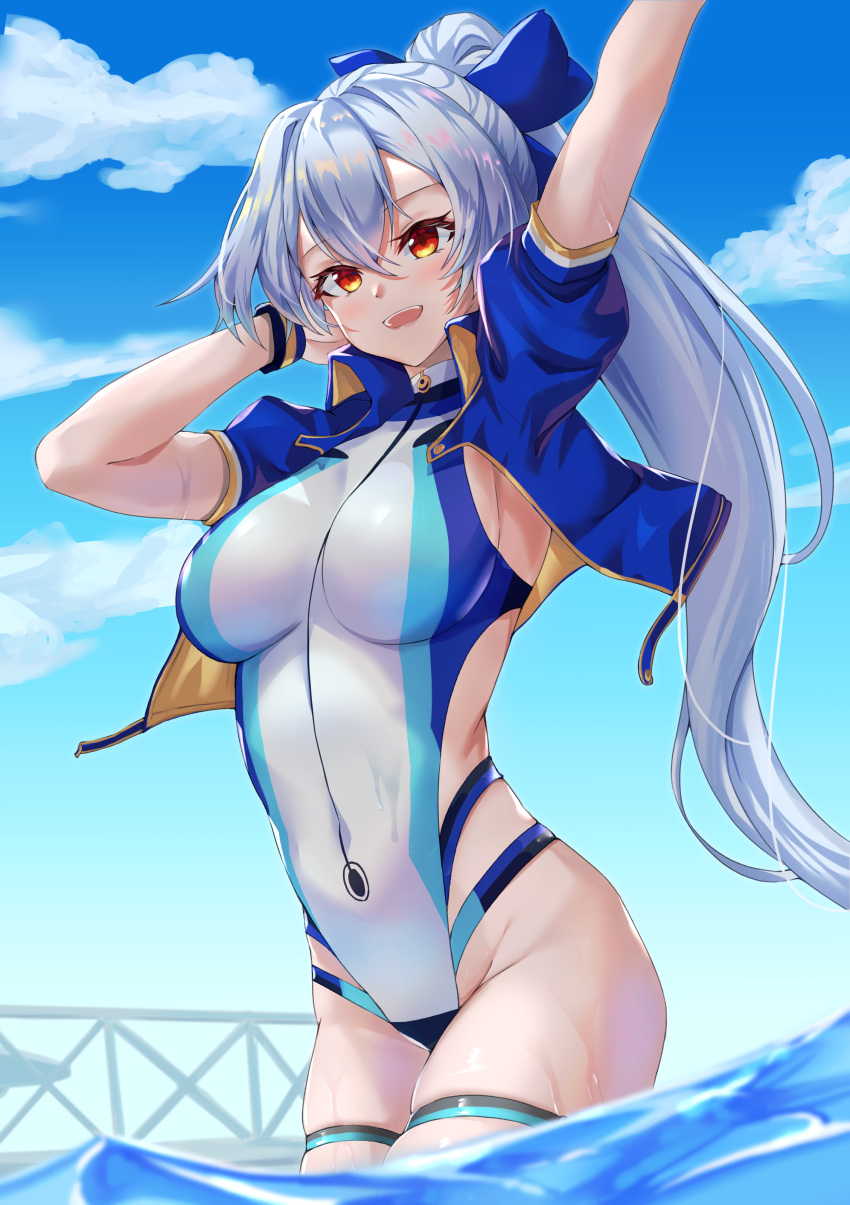 1girl absurdres arm_up bangs blue_bow blue_jacket blue_one-piece_swimsuit blue_sky blush bow breasts fate/grand_order fate_(series) hair_between_eyes hair_bow highleg highleg_swimsuit highres jacket large_breasts long_hair looking_at_viewer multicolored_clothes multicolored_swimsuit one-piece_swimsuit open_clothes open_jacket open_mouth ponytail red_eyes short_sleeves sky smile solo swimsuit thigh_strap thighs tomoe_gozen_(fate) tomoe_gozen_(swimsuit_saber)_(fate) tomoe_gozen_(swimsuit_saber)_(first_ascension)_(fate) turtleneck_swimsuit two-tone_swimsuit wading water white_hair white_one-piece_swimsuit yahan_(mctr5253)
