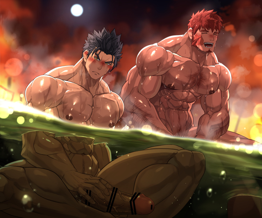 2boys abs bar_censor bara beard bellsaltr black_hair blurry blurry_background blush censored completely_nude erection facial_hair fang hairy highres huge_penis large_pectorals light_particles male_focus manly mature_male moon multiple_boys muscular muscular_male night night_sky nipples nude onsen open_mouth original pectorals penis scar see-through short_hair sitting sky slit_pupils smile spiked_hair teeth thick_arms thick_eyebrows thick_thighs thighs water wet yaoi yellow_eyes