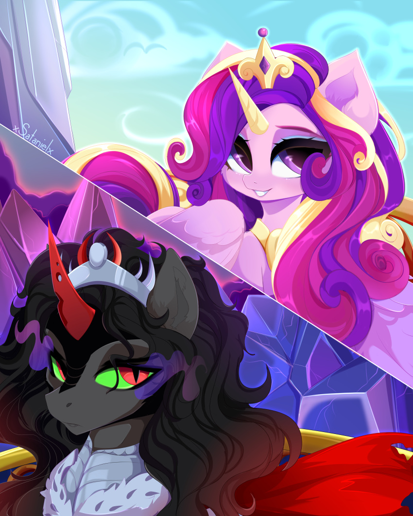 2022 4:5 absurd_res armor black_hair black_mane blonde_hair blonde_mane cape clothing cloud crown crystal digital_media_(artwork) duo equid equine female feral friendship_is_magic green_sclera grey_body hair hasbro hi_res horn inner_ear_fluff king_sombra_(mlp) long_hair long_mane male mammal mane multicolored_hair multicolored_mane multicolored_tail my_little_pony pink_body pink_eyes pink_hair pink_mane pink_tail princess_cadance_(mlp) pupils purple_hair purple_mane purple_tail red_eyes red_horn sky slit_pupils smile tuft unicorn winged_unicorn wings xsatanielx yellow_horn yellow_tail