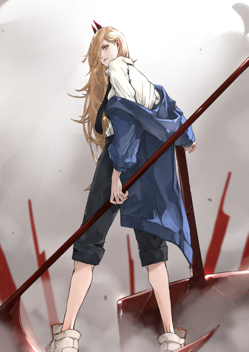 1girl black_necktie blonde_hair blood blue_hoodie blue_jacket chainsaw_man collared_shirt cross-shaped_pupils crosshair_pupils demon_girl demon_horns from_behind hair_over_one_eye highres holding holding_weapon hood hoodie horns jacket kdm_(ke_dama) long_hair necktie power_(chainsaw_man) red_horns shirt shoes sneakers solo standing weapon white_background white_footwear white_shirt yellow_eyes