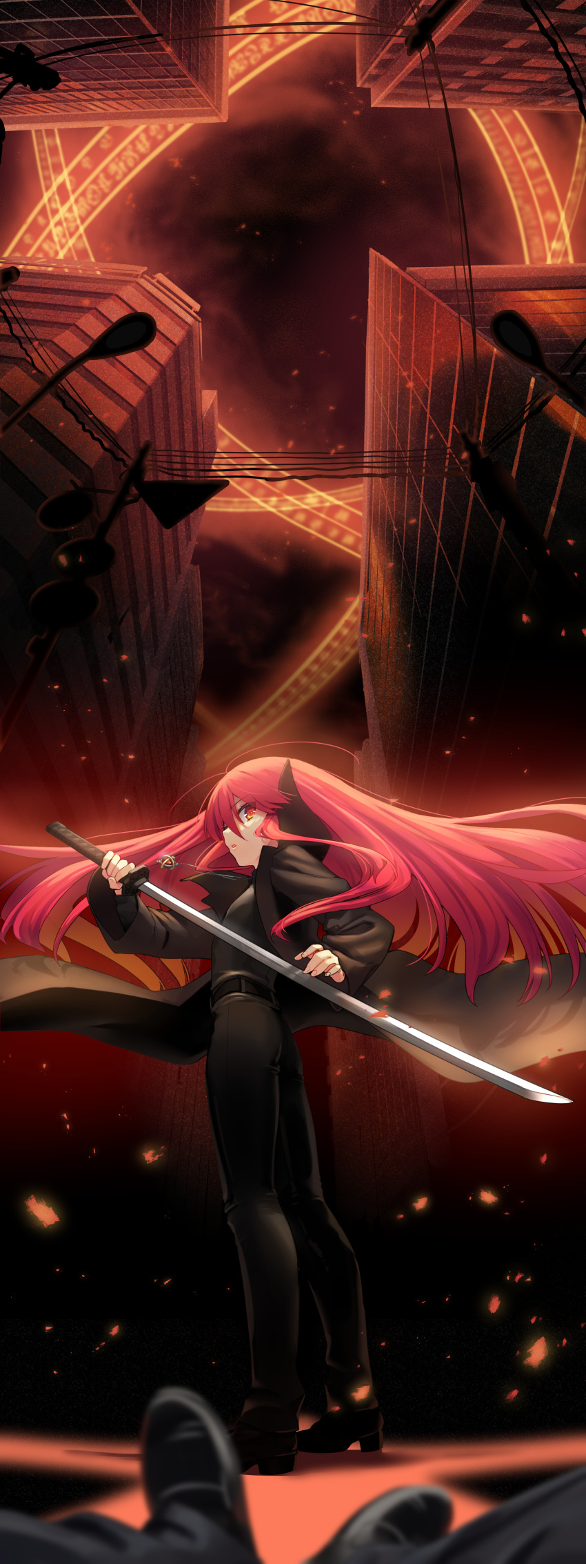 1girl absurdres ahoge alastor_(shakugan_no_shana) highres holding holding_sword holding_weapon jewelry katana long_hair looking_at_viewer magic_circle ohlia pendant pov red_eyes red_hair shakugan_no_shana shana skin_tight solo_focus sword unsheathed weapon