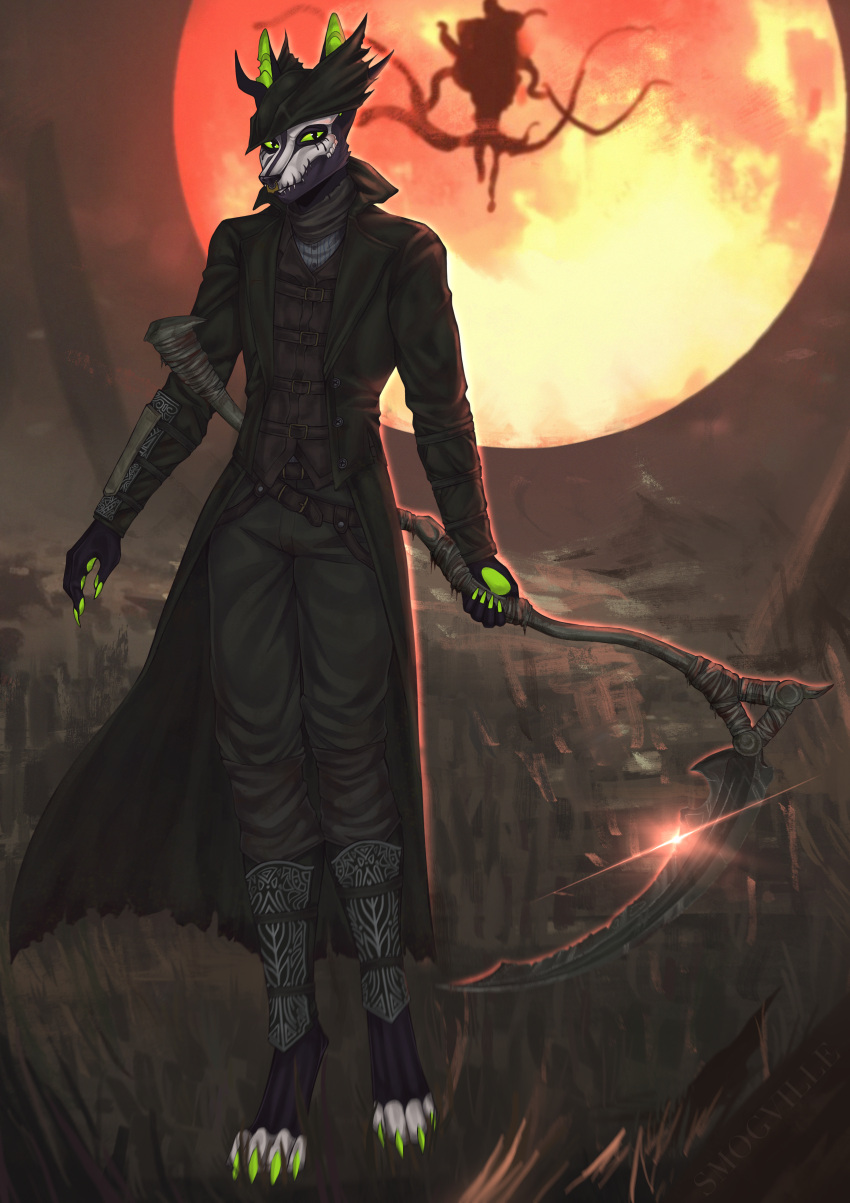 absurd_res anthro black_body black_bottomwear black_clothing black_coat black_neckwear black_pants black_topwear bloodborne bottomwear cheek_tuft claws clothed clothing coat facial_piercing facial_tuft finger_claws fromsoftware front_view glistening glistening_eyes green_claws hi_res holding_scythe looking_at_viewer male moon neckwear nose_piercing nose_ring pants piercing pupils ring_piercing septum_piercing septum_ring slit_pupils smogville solo sony_corporation sony_interactive_entertainment species_request standing toe_claws topwear tuft video_games white_body