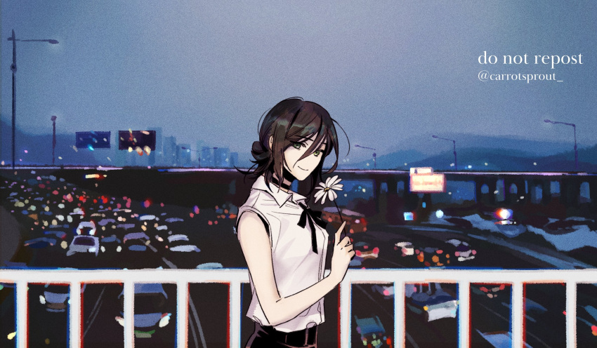 1girl billboard black_choker black_hair black_ribbon blue_sky blurry blurry_background breasts bridge car carrotsprout chainsaw_man choker chromatic_aberration collared_shirt daisy flower green_eyes ground_vehicle hair_bun highres holding holding_flower lamppost light looking_at_viewer medium_breasts motor_vehicle night reze_(chainsaw_man) ribbon shirt shirt_tucked_in short_hair single_hair_bun sky sleeveless smile solo traffic twitter_username white_shirt