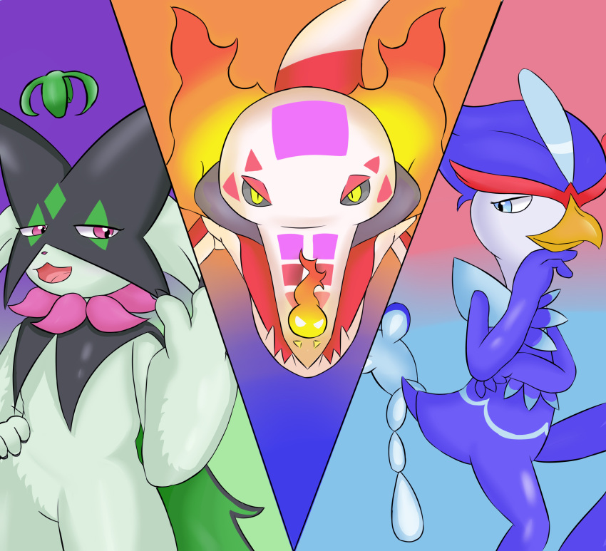 ambiguous_gender fan_character generation_9_pokemon group hi_res meowscarada nameigo nintendo pokemon pokemon_(species) quaquaval skeledirge solo trio video_games